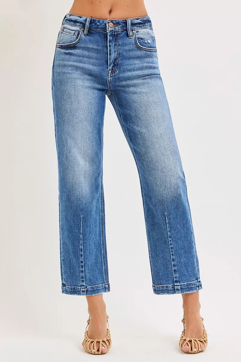 High-rise crop jeans, dark blue wash, button fly, front pockets