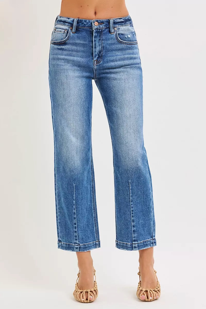 High-rise crop boyfriend taper jeans, dark blue wash, back view