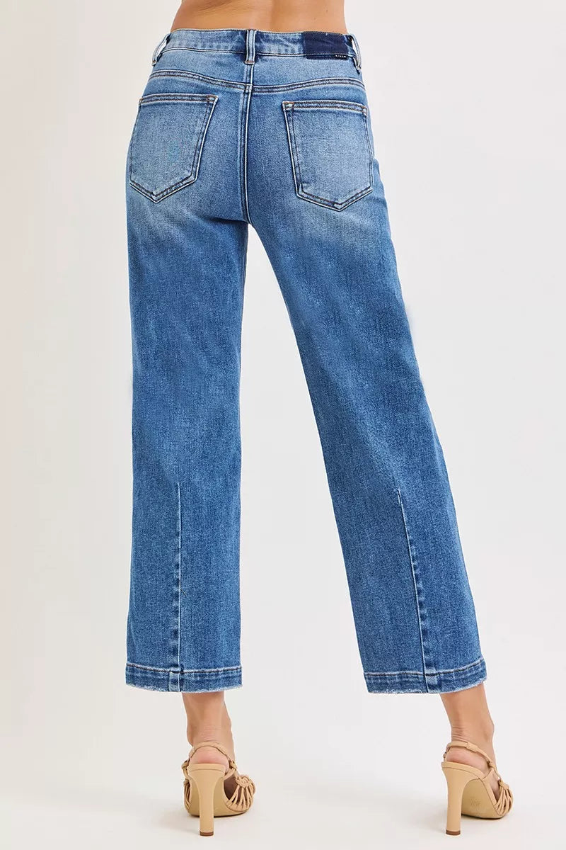 High-rise crop boyfriend taper jeans, dark blue wash, rear pocket details