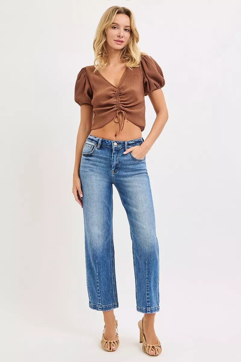 RISEN high-rise crop boyfriend taper jeans, dark blue wash, front view