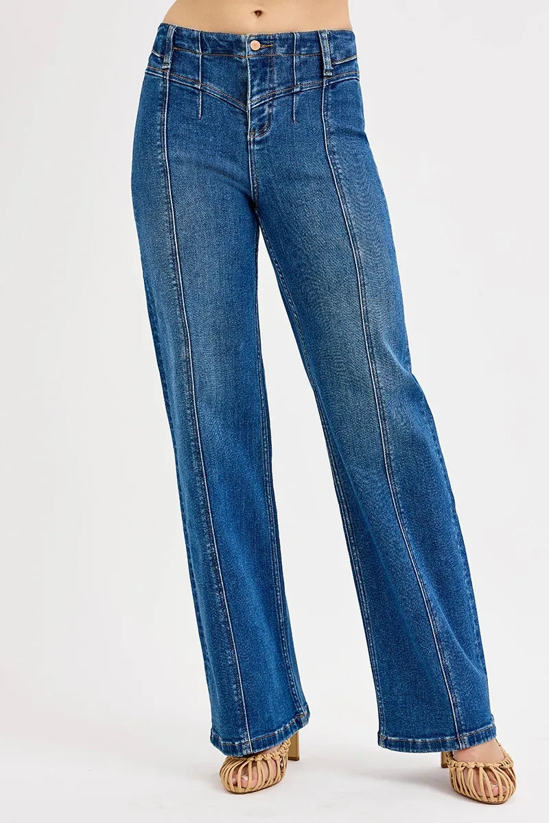 Wide-leg jeans with seam detail, dark denim, front view