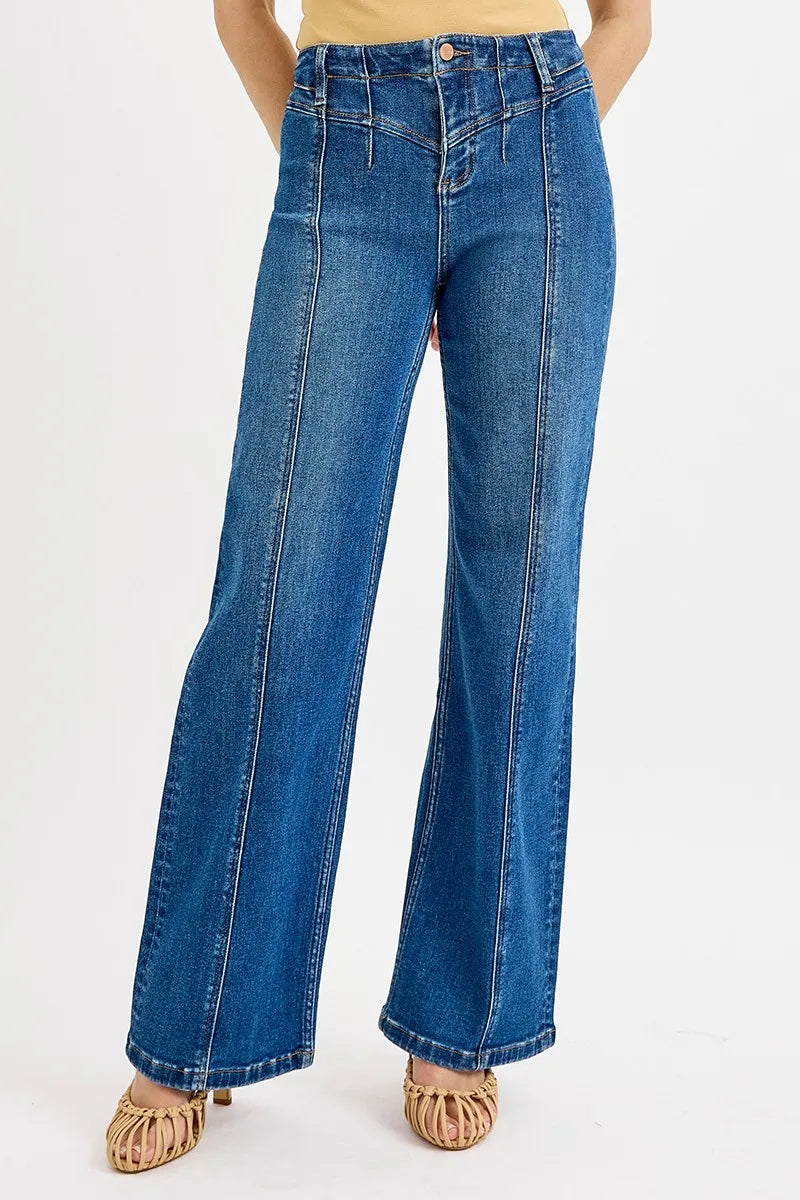 High-rise wide-leg jeans with seam detail, dark denim, front close-up