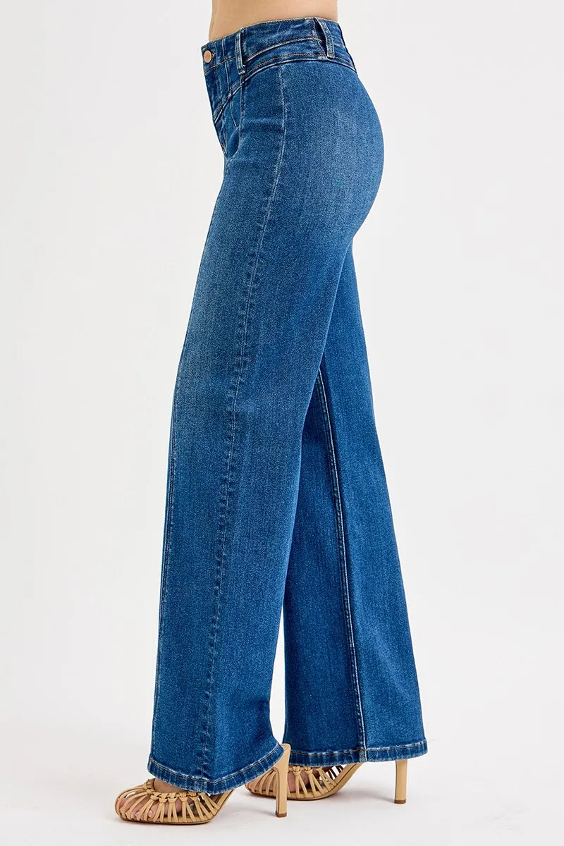 Wide-leg jeans with seam detail, dark denim, side view