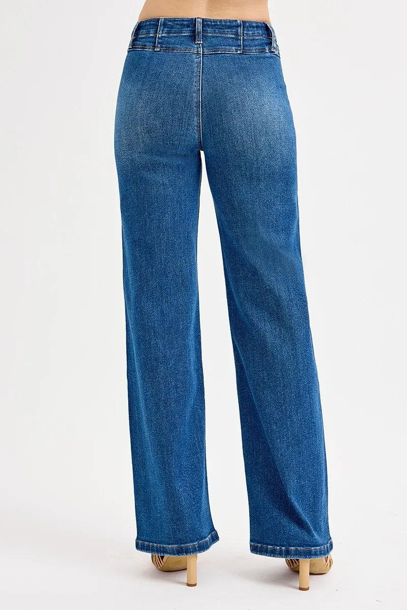 Wide-leg jeans with seam detail, dark denim, back view