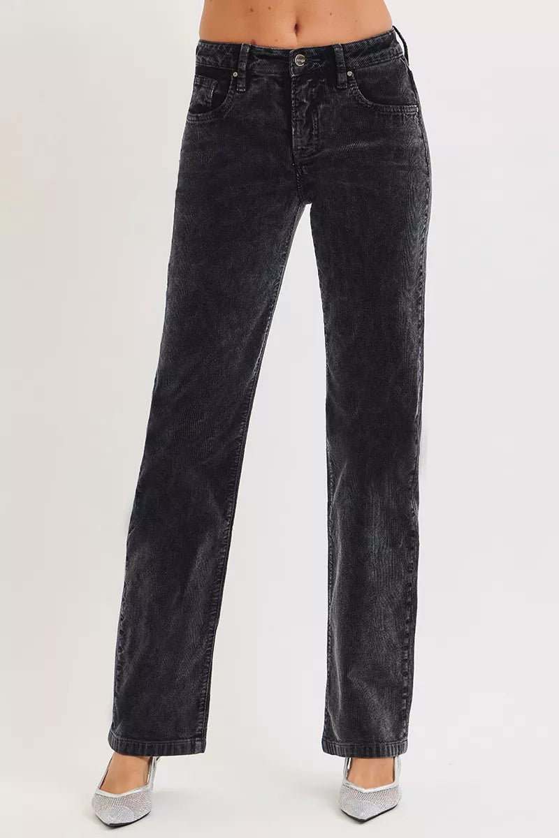 Midnight corduroy straight-leg pants, back view, two pockets and belt loops