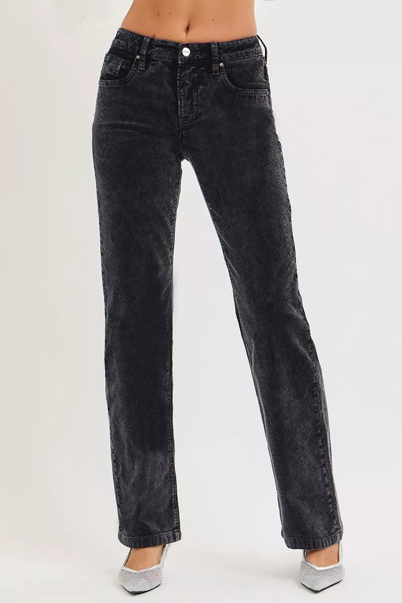Midnight corduroy straight-leg pants, front with zip fly and button closure