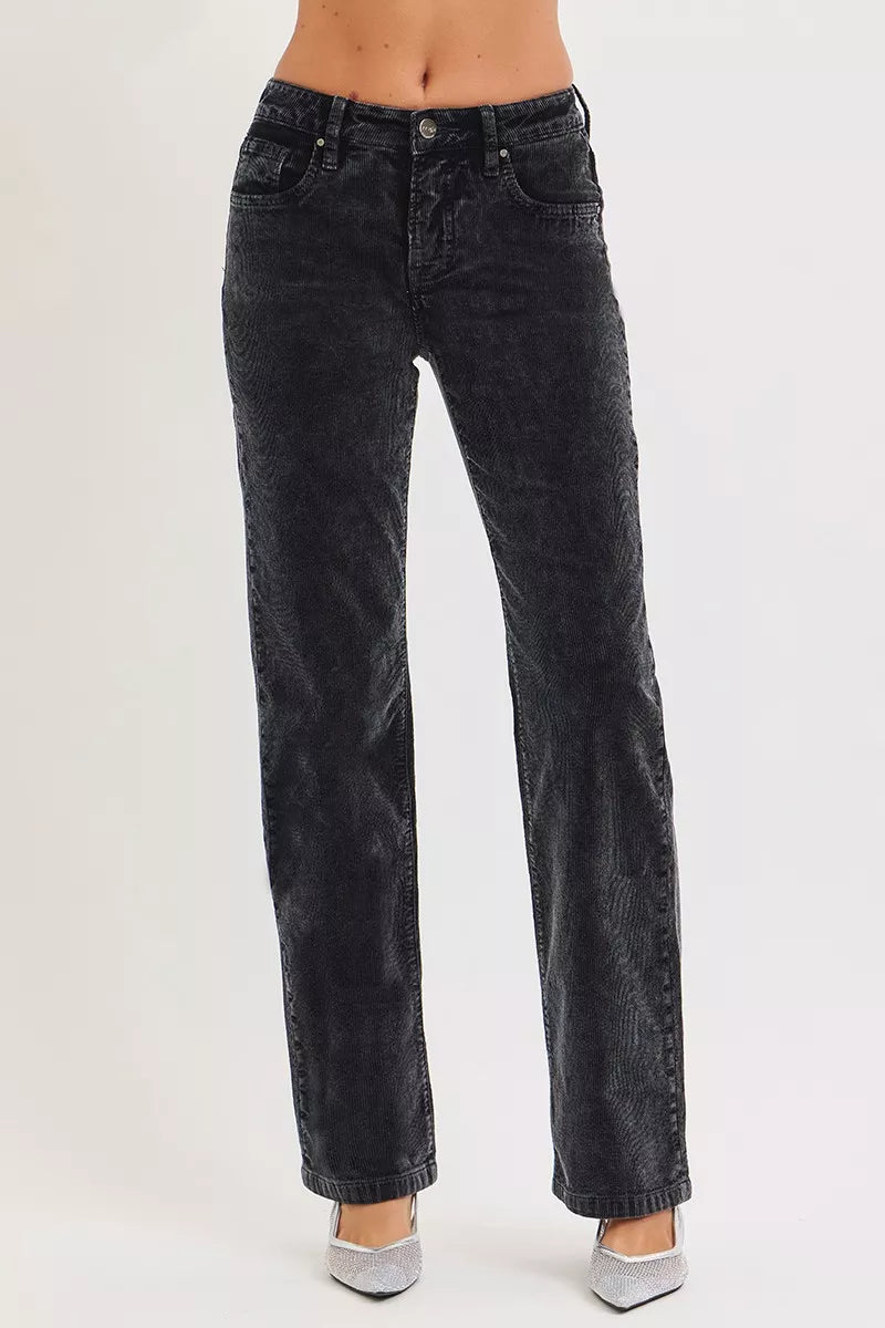 Midnight corduroy straight-leg pants, front seams and buttoned waistband