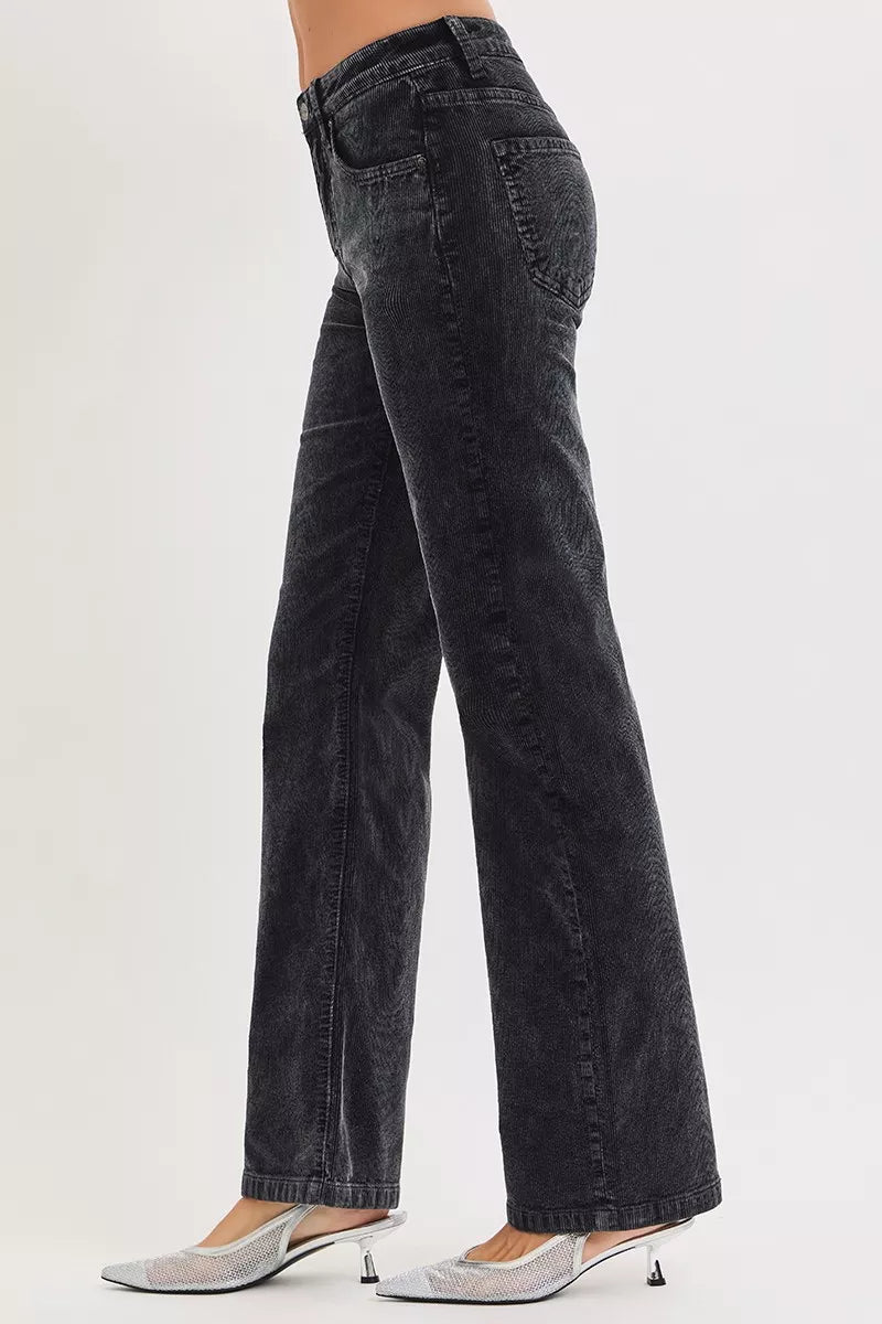 Midnight corduroy straight-leg pants, side view with front pockets and hem
