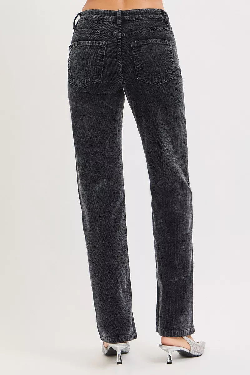Midnight corduroy straight-leg pants, back pockets and center-seam detail