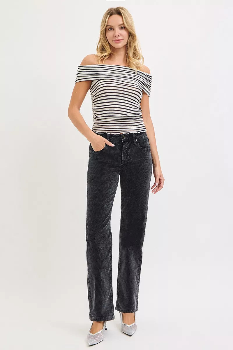 Midnight corduroy straight-leg pants, mid-rise, button-front with pockets