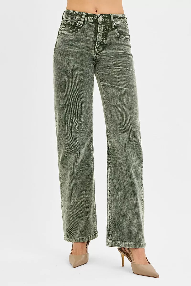 Forest green mid-rise corduroy straight-leg pants with button waist and belt loops