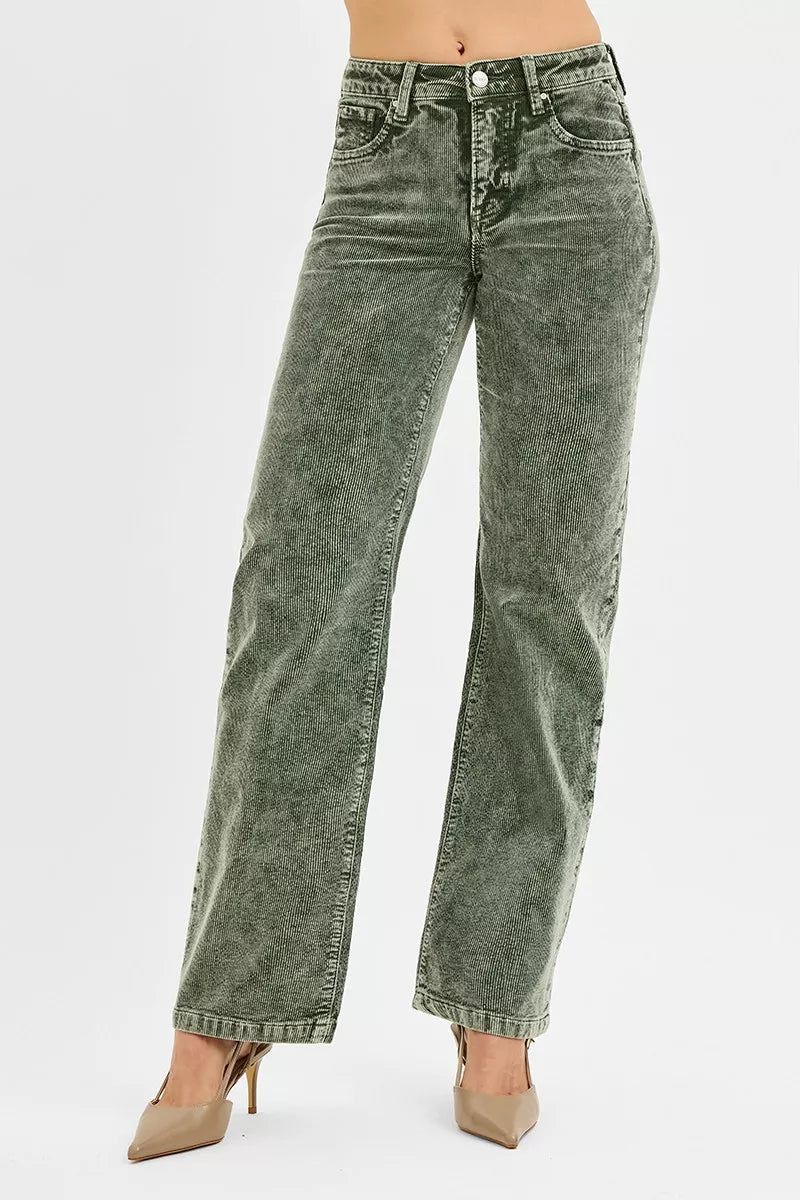 Forest green mid-rise corduroy straight-leg pants, side seam and belt loops visible