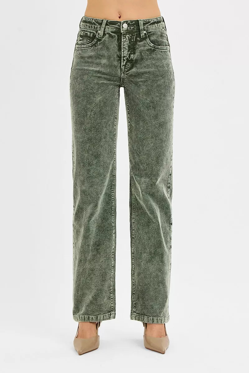Forest green mid-rise corduroy straight-leg pants with front pockets and button closure