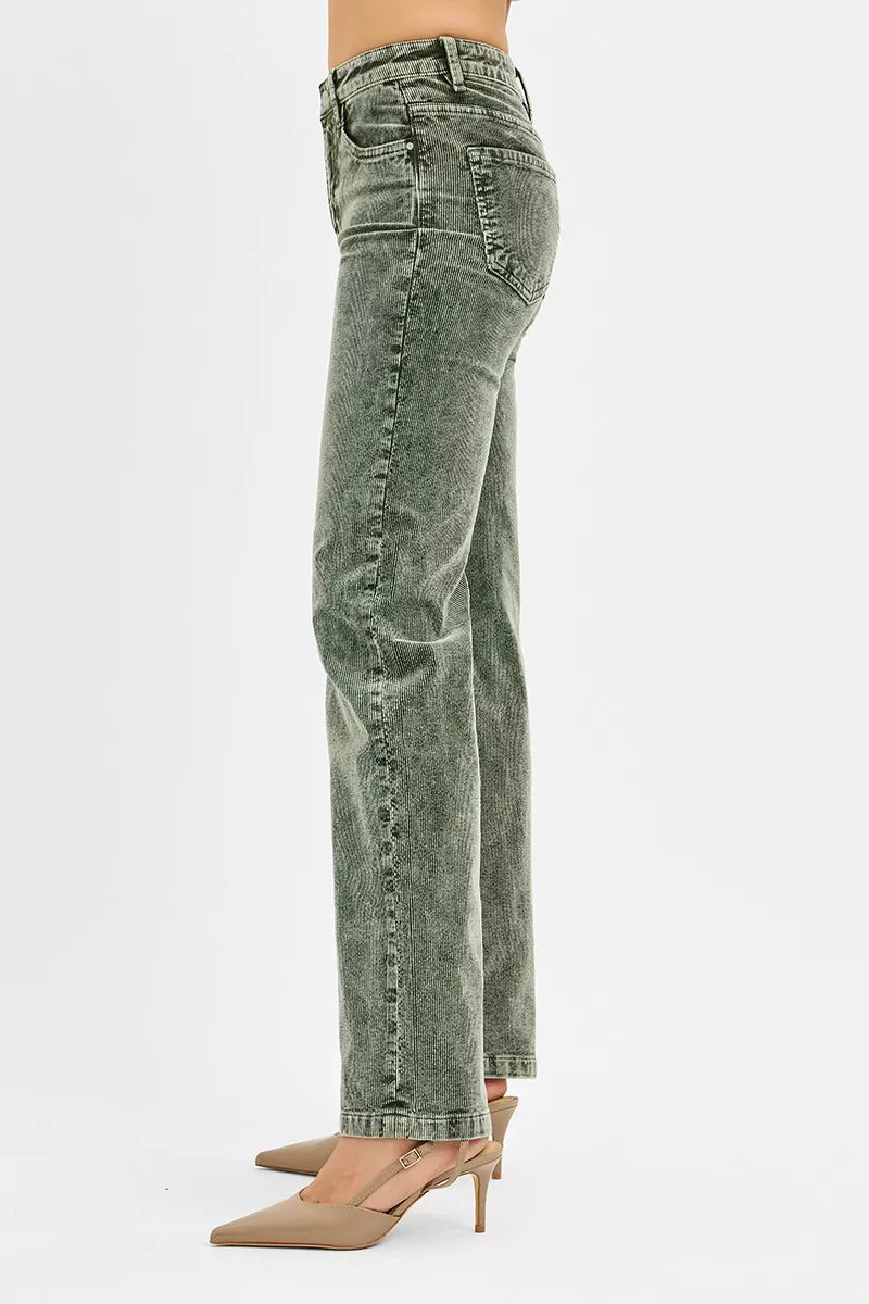 Side view of forest green mid-rise corduroy straight-leg pants with stitched detailing