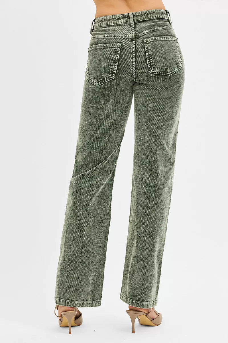 Back view: forest green corduroy straight-leg pants with two back patch pockets