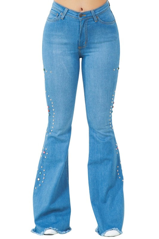 Santa Rosa bell-bottom jeans: button-fly waistband with rhinestone details on front legs.