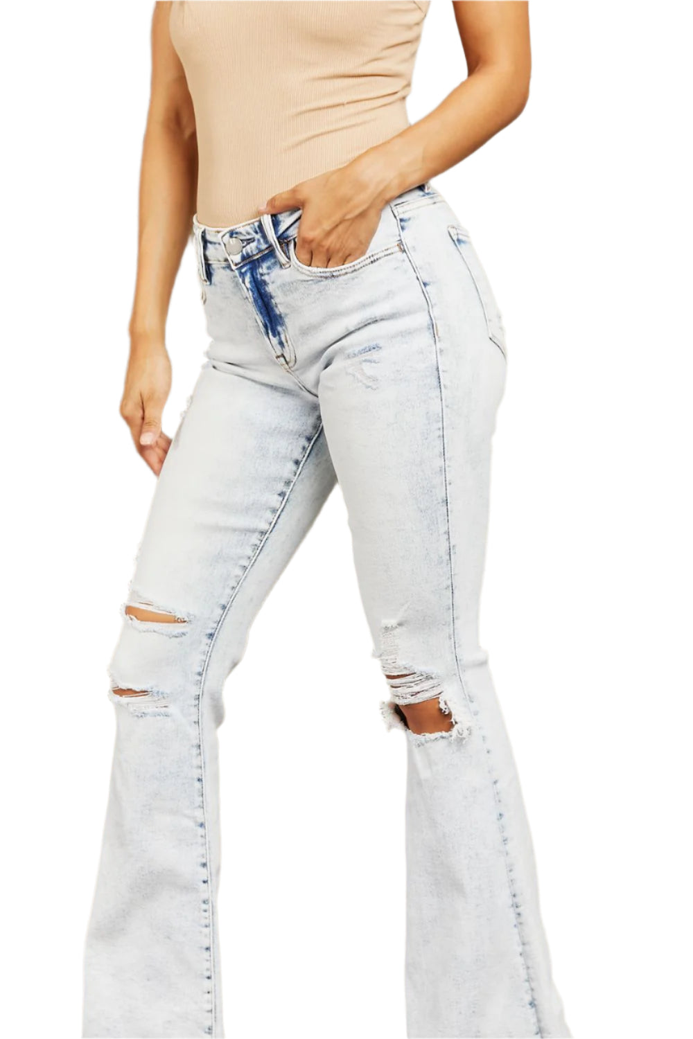 Size 28 Mid Rise Acid Wash Distressed Flare Jeans - Tigbul's Variety Fashion Shop