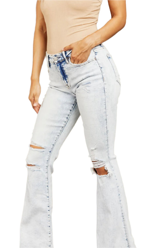Size 28 Mid Rise Acid Wash Distressed Flare Jeans - Tigbul's Variety Fashion Shop