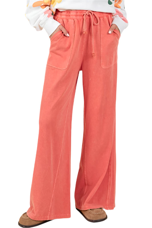 Size Large Orange Mineral Wash French Terry Drawstring Wide Leg Pants - Tigbul's Variety Fashion Shop