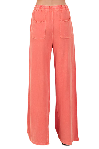Size Large Orange Mineral Wash French Terry Drawstring Wide Leg Pants - Tigbul's Variety Fashion Shop