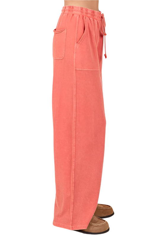 Size Large Orange Mineral Wash French Terry Drawstring Wide Leg Pants - Tigbul's Variety Fashion Shop
