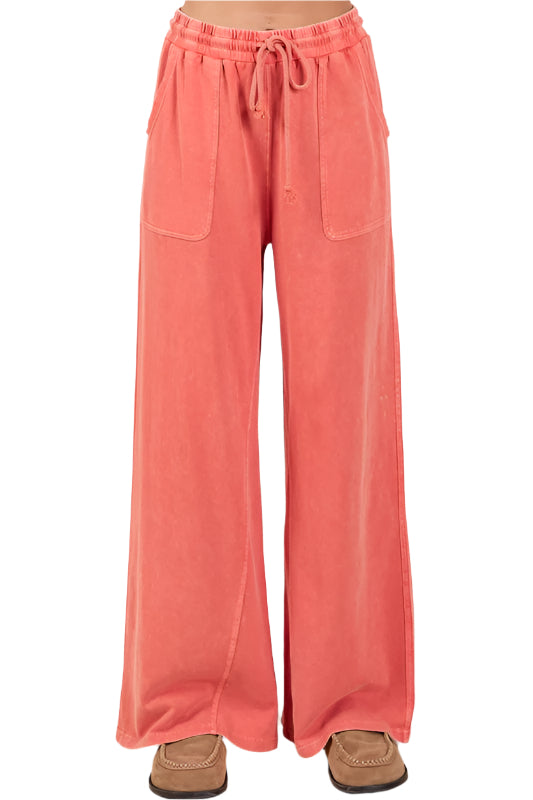 Size Large Orange Mineral Wash French Terry Drawstring Wide Leg Pants - Tigbul's Variety Fashion Shop