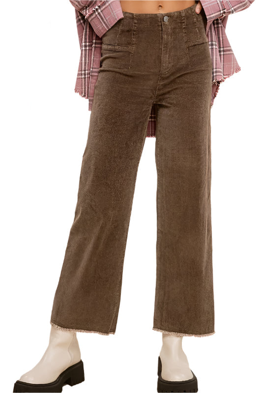 Brown mineral-washed corduroy pants, wide-leg, front pockets, raw hem, size S