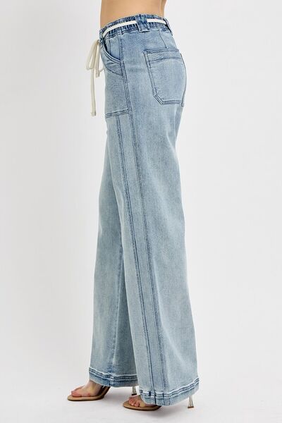 Medium-wash straight-leg jeans, back pockets and seams, drawstring waist