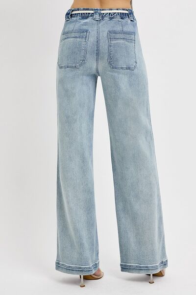 Medium-wash straight-leg jeans, two back pockets, wide-leg fit