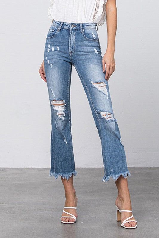 Stretch Mid Rise Crop Flare Blue Jeans - Tigbul's Variety Fashion Shop