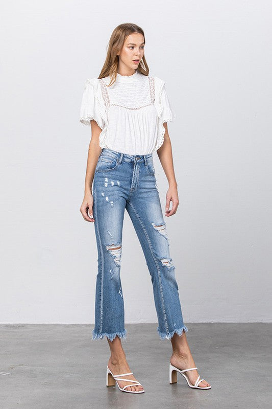 Stretch Mid Rise Crop Flare Blue Jeans - Tigbul's Variety Fashion Shop