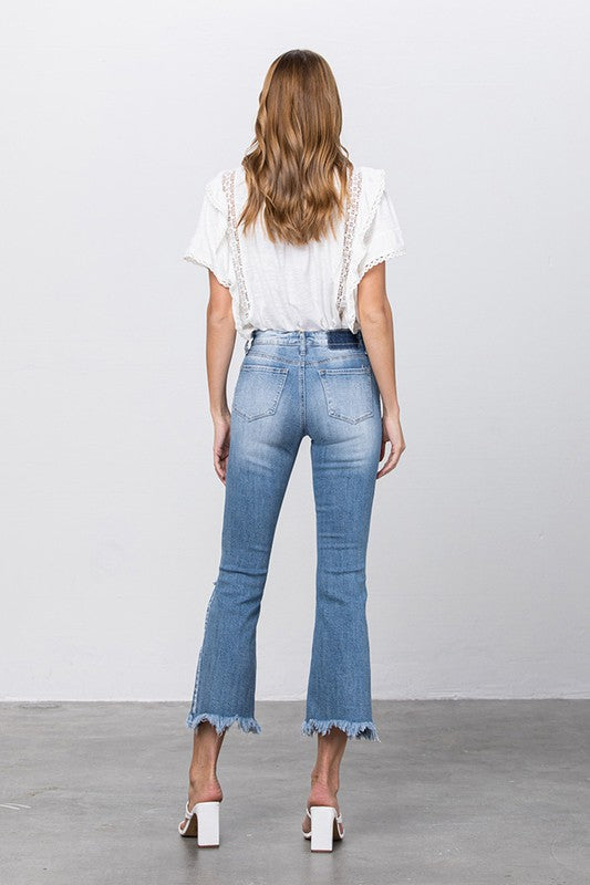 Stretch Mid Rise Crop Flare Blue Jeans - Tigbul's Variety Fashion Shop