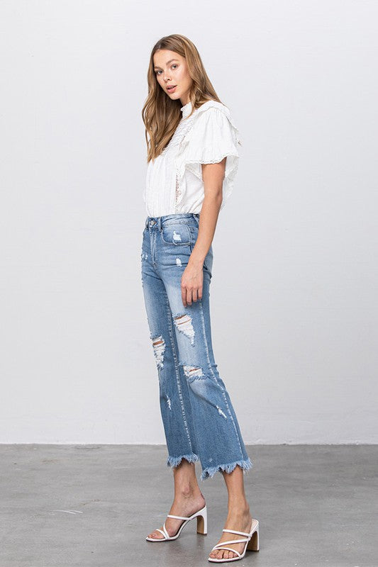 Stretch Mid Rise Crop Flare Blue Jeans - Tigbul's Variety Fashion Shop