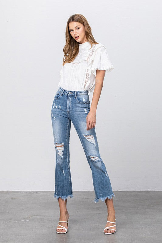 Stretch Mid Rise Crop Flare Blue Jeans - Tigbul's Variety Fashion Shop