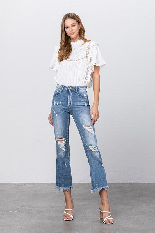 Stretch Mid Rise Crop Flare Blue Jeans - Tigbul's Variety Fashion Shop