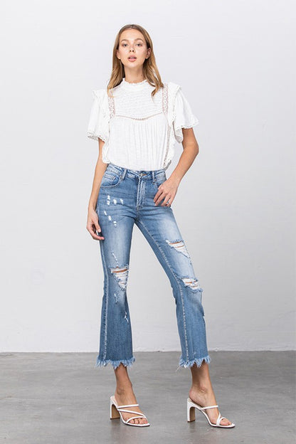 Stretch Mid Rise Crop Flare Blue Jeans - Tigbul's Variety Fashion Shop