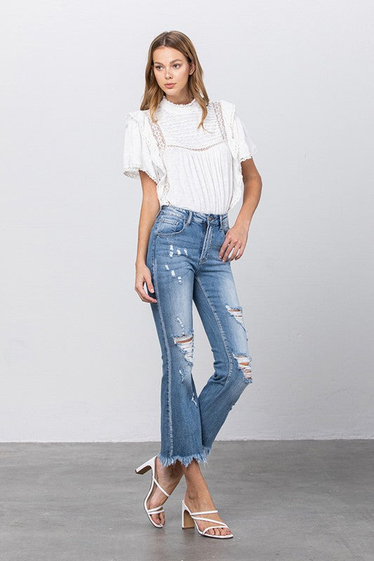 Stretch Mid Rise Crop Flare Blue Jeans - Tigbul's Variety Fashion Shop