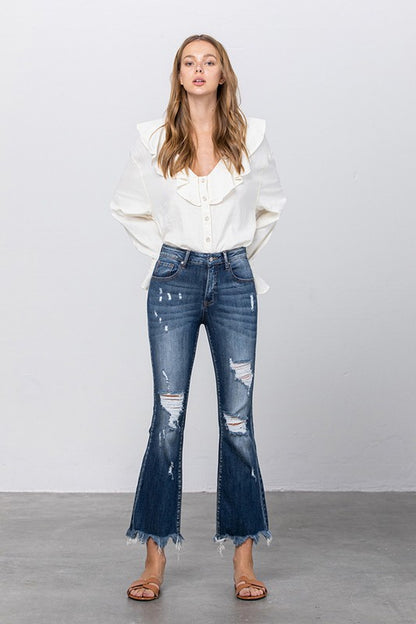 Stretch Mid Rise Crop Flare Jeans - Tigbul's Variety Fashion Shop