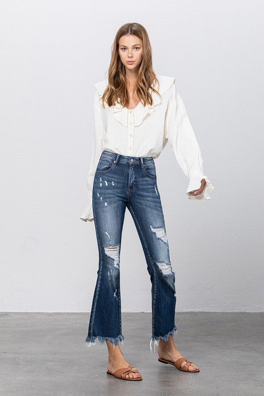 Stretch Mid Rise Crop Flare Jeans - Tigbul's Variety Fashion Shop