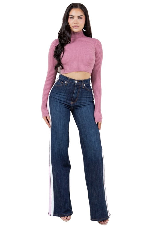 Dark denim Wide-Leg Jeans mit seitlichem Streifen, hoher Bund, Knopf vorn