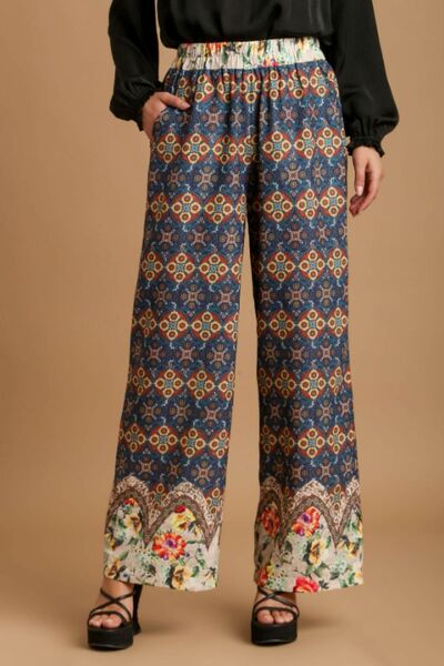 Teal Mixed Print Elastic Waistband Pants - Tigbul's Variety Fashion Shop