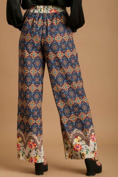 Teal Mixed Print Elastic Waistband Pants - Tigbul's Variety Fashion Shop
