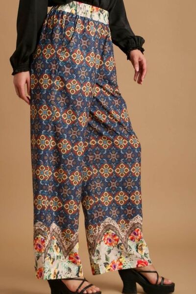 Teal Mixed Print Elastic Waistband Pants - Tigbul's Variety Fashion Shop