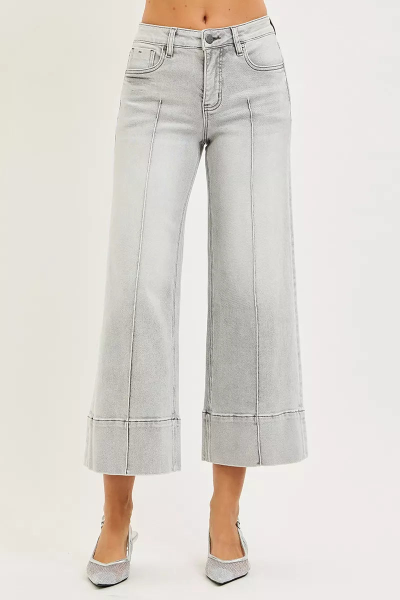 Tummy Control Mid Rise Crop Wide Leg Light Gray Jeans - Tigbul's Variety Fashion Shop