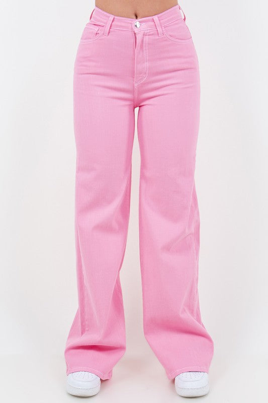 Bubblegum Pink wide-leg denim jeans; front waistband with belt loops and zip fly