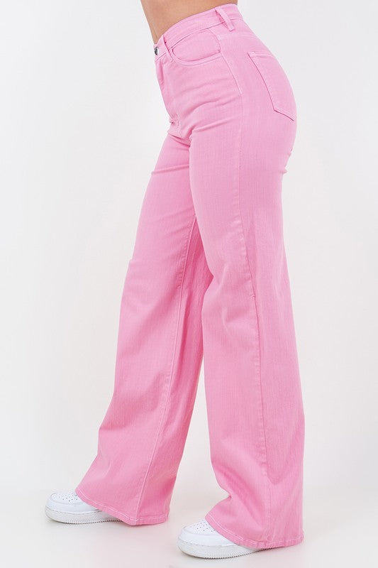 Bubblegum Pink wide-leg jeans, side view; straight wide leg opening and button closure