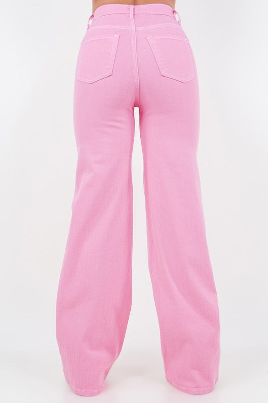 Bubblegum Pink wide-leg jeans; back view with two back pockets and belt-loop waist