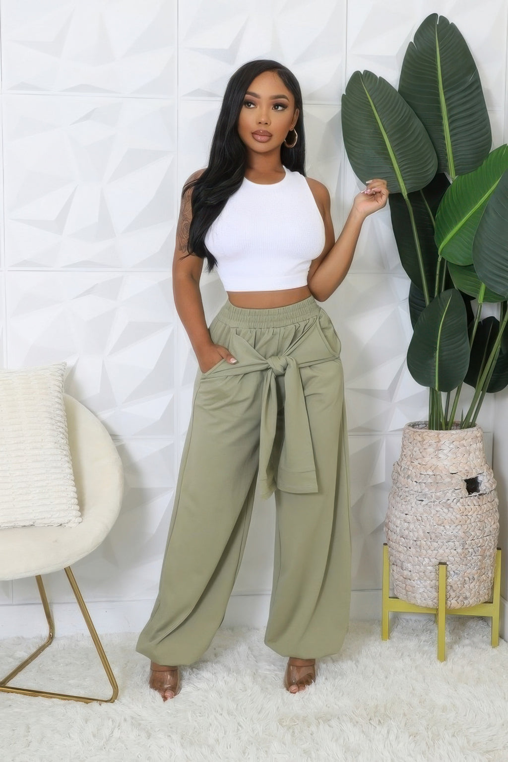 Olive high-waist stretch pants, wide-leg with tie-front and elastic waistband