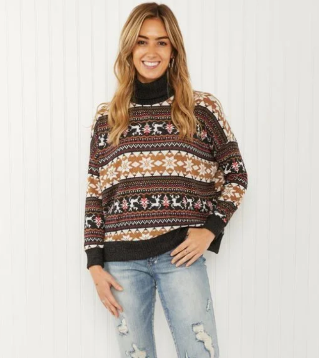 Turtleneck sweater in brown with multicolor winter Fair Isle stripe pattern