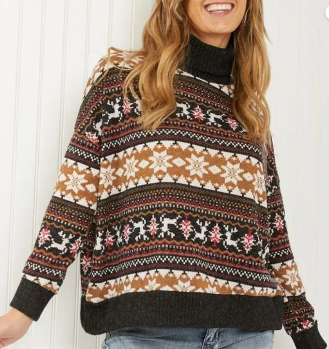 Brown Fair Isle turtleneck sweater with snowflake and motif panels